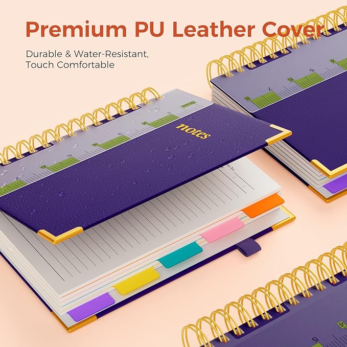 XYark A5 Hardcover Spiral Notebook, 6.3"x8.5" College Ruled Notebooks with Removable Dividers Tabs & Ruler, 5 Subject Notebook 300 Pages, Small Lined Journal for Women Men School Work Office, Purple