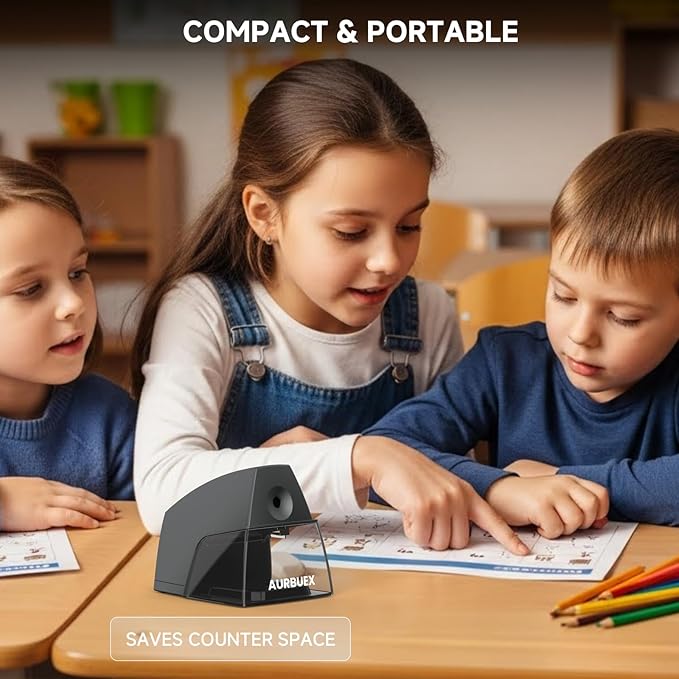 Electric Pencil Sharpener for 6 to 8 mm Pencils Helical Blade Fast 4 Second Sharpening Large Shavings Bin Non Slip Feet Safe Design for Classroom Office and Home(S1131)