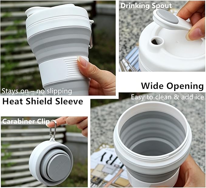 IYYI Collapsible Travel Cup, Silicone Coffee Cup with Lid, 20.3 oz Travel Coffee Mug with Straw, Folding Cup for Hiking Camping Office - Dishwasher Safe (Sakura Pink)