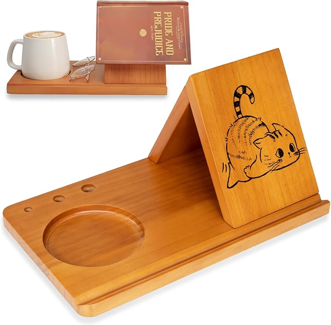 Cat Themed Wooden Book Stand with Cup Holder & Pen Holder, Triangle Wooden Book Rest for Reading, Cute Book Holder Stand Sturdy Fun Cat Design for Book Lovers& Cat Mom Birthday& Mothers Day Gifts