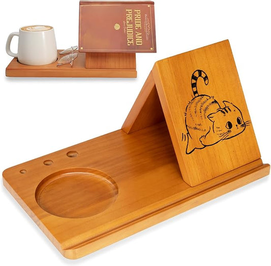 Cat Themed Wooden Book Stand with Cup Holder & Pen Holder, Triangle Wooden Book Rest for Reading, Cute Book Holder Stand Sturdy Fun Cat Design for Book Lovers& Cat Mom Birthday& Mothers Day Gifts