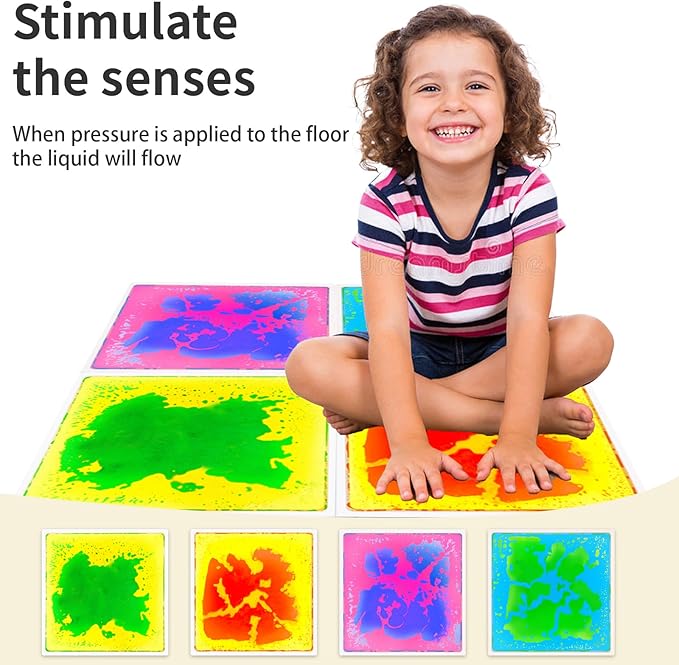 Liquid Sensory Floor Tiles for Kids: 12x12 Inch Active Play Mats for Kids Non-Toxic Leakproof - Non-Slip Color-Changing Pads Stress Relief & Motor Skills Toys for Autism Room