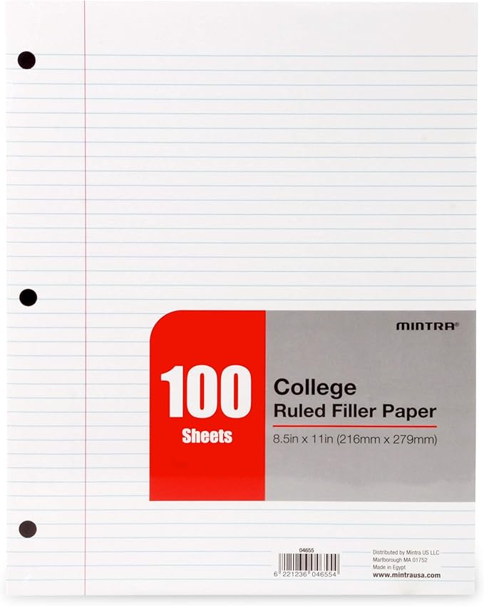 Mintra Office Filler Paper (College Ruled, 2400 Sheets (4-6pks)) - for 3-Ring Binder, Notepaper, Loose leaf lined paper, 3 Hole punched, bulk pack