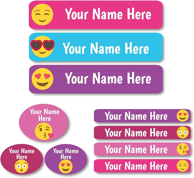 Lovable Labels Personalized Labels for Kids (85 Labels/Pack) - 3 Label Sizes Waterproof Dishwasher Safe Peel & Stick Labels for School Supplies Daycare Camp Clothing Bottles (Emoji Sublime)
