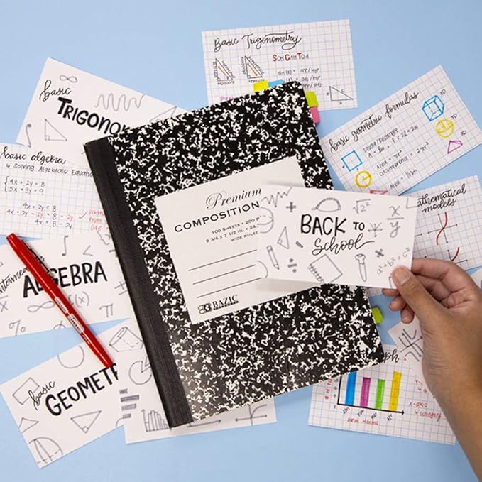 BAZIC 100 Ct. White Index Cards. 3" X 5" Quad Ruled Flash Cards for School, Stationery, or Office Supplies (513)