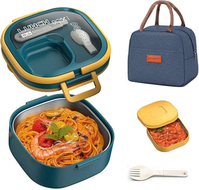 PEDECO Stackable Stainless Steel Bento Box with Insulated bag,Adult & Kids Luch Box,Leak-Proof,1-Tier Bento box,Lunch Box With Portable Sauce Pod and Cutlery-for Teens/Toddler,Dishwasher Safe,Blue