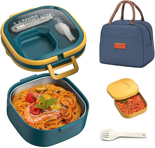 PEDECO Stackable Stainless Steel Bento Box with Insulated bag,Adult & Kids Luch Box,Leak-Proof,1-Tier Bento box,Lunch Box With Portable Sauce Pod and Cutlery-for Teens/Toddler,Dishwasher Safe,Blue