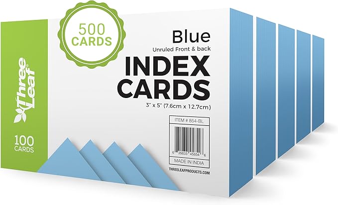 THREE LEAF 3 X 5, INDEX CARDS UNRULED 500 CT. (100 x 5) BLUE, Blank Flash Cards, Study Card, Memo Pad, For To-Do List, Art And Craft Projects
