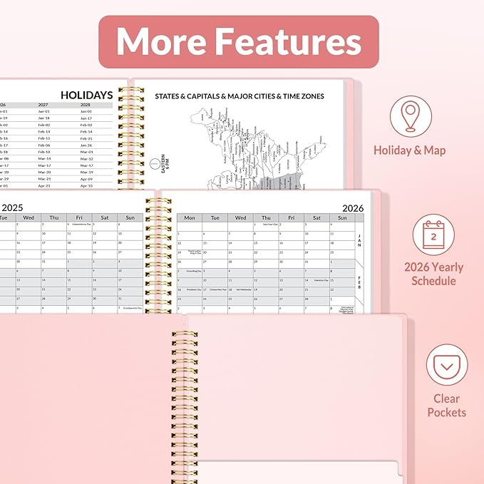SUNEE 2026 Weekly and Monthly Planner - from January 2026 - December 2026, Daily Agenda Planner with Monthly Tab, Flexible Cover, Note Pages, Pockets, Bookmark, Spiral Binding, Pink, 8.5"x11"