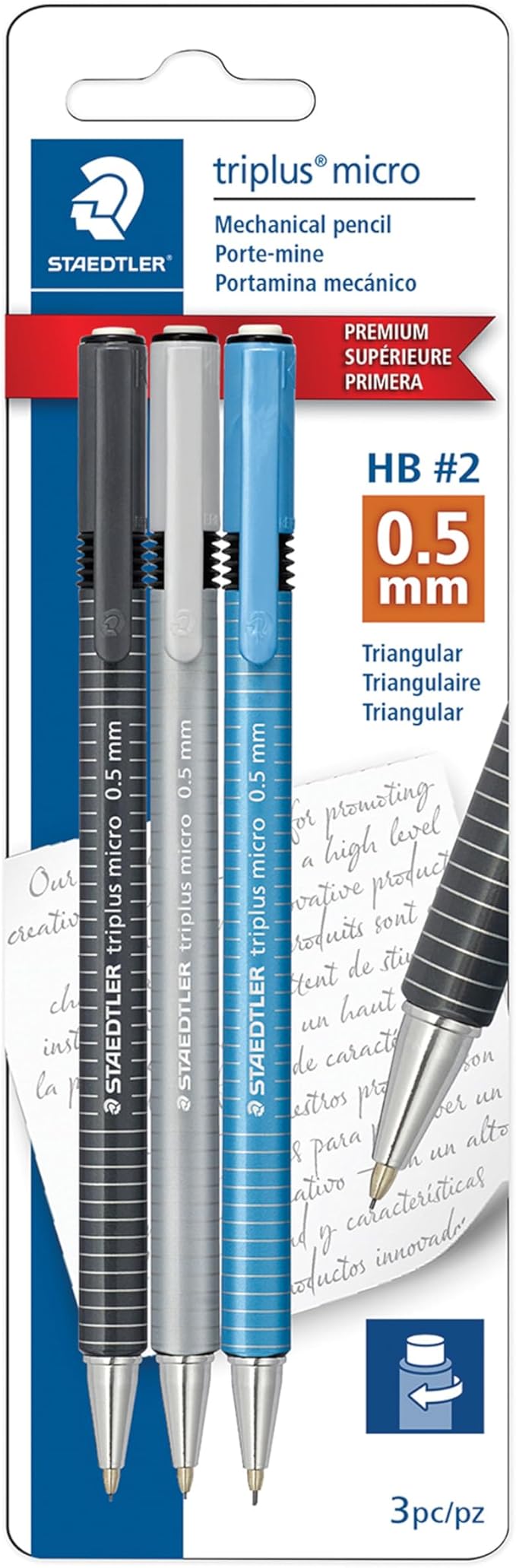 STAEDTLER triplus Micro 0.5mm Mechanical Pencils 3-pack: Retractable & Refillable #2 Mechanical Pencils with Twist Erasers, Ergonomic Triangular Grip for Writing, Drawing, Engineering & Drafting