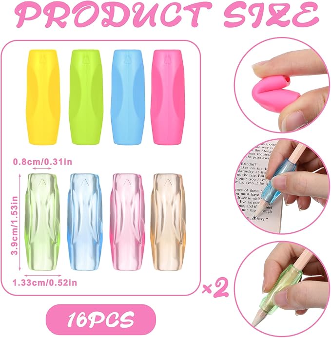 16PCS Silicone Grippers for Pencil with 3 Concaves, 8 Transparent and 8 Opaque Multicolour Comfort Grip for Pencil Pen Ergonomic Writing Aid for Adult Student Writing Drawing Stylus