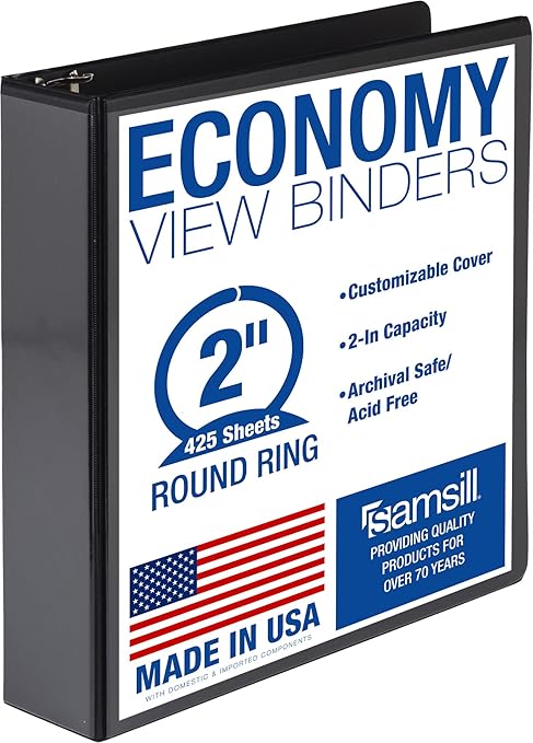 Samsill 2 Inch 3 Ring Binder, Economy Round Ring, Clear View Cover, 425 Sheet Capacity - for School, Home, Office - Black
