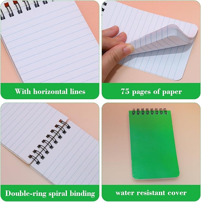 12 Pack mini Spiral Steno Pads,3x5 Inch Small Notepads,Small Pocket Notebooks, College Ruled Lined Note Pads For Kids Adults Outdoor,Home,School,Office,75 Sheets/150 Pages (Green)