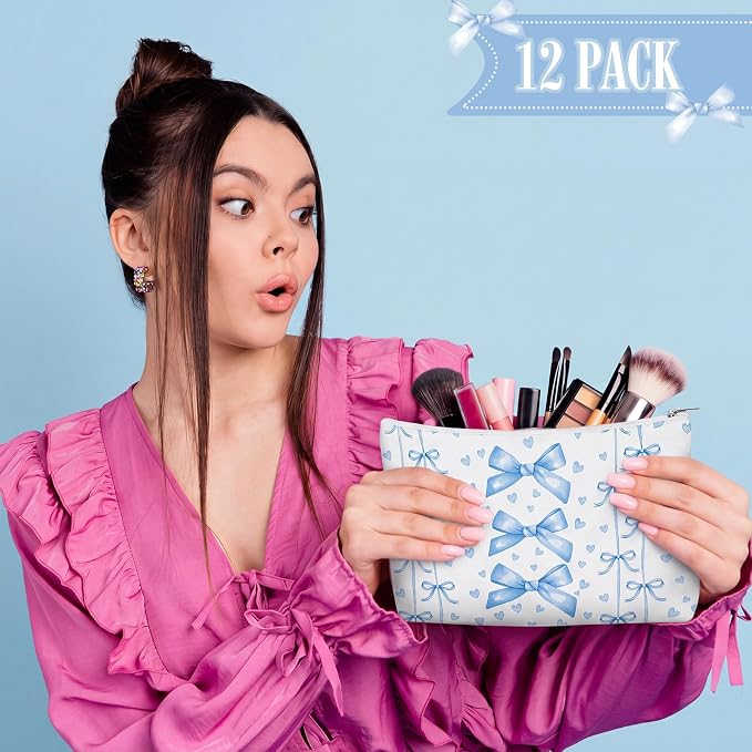 Reginary 12 Pcs Blue Bow Makeup Bags Coquette Bow Cosmetic Bags with Zippers Coquette Party Favors Blue Aesthetic Elegant Pouch Bulk Gifts for Women Stuff Christmas Birthday Supplies Travel Accessory