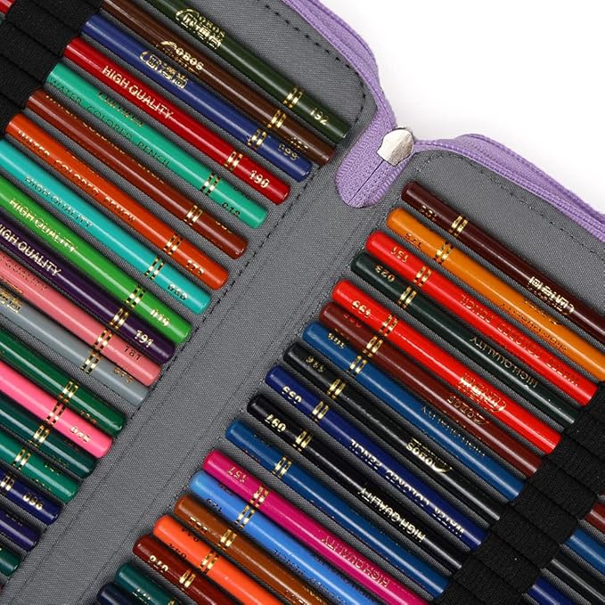Vomgomfom 200 Slots Pencil Bag, 4-Layer Zipper Portable Art Supply Organizer, PU Leather Large Capacity Colored Pencil Case with Handle for 200 Watercolor Pens, Gel Pens (Purple)