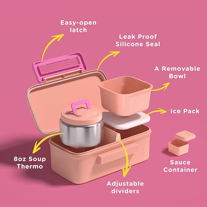 Bento Lunch Box for Kids With 8oz Food Thermo,BPA-Free for School | Lunch Container with 2 Compartments, Insulated Food Jar, Dishwasher Safe, Easy to Clean, Lunch Box for Girls Boys