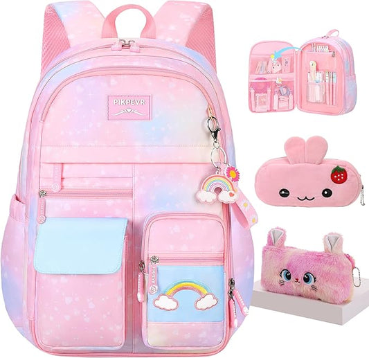 Jcobvig Rainbow Backpack For Girls Kids,Cute Student School Backpack With Pen Bag,Aesthetic Starry Rainbow Laptop Travel Bag