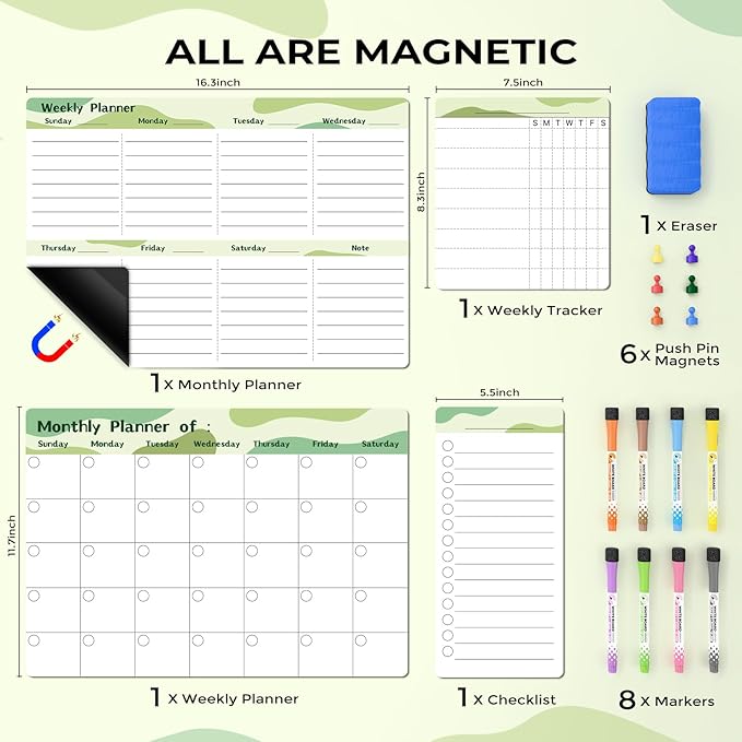MARSROCK Refrigerator Calendar Magnetic, 16.3x11.7” (4-Pack) – Weekly & Monthly Planner, Chore Chart, Grocery/to-Do List for Fridge, Includes 8 Markers, 6 Magnets & 1 Eraser for Kitchen, Green