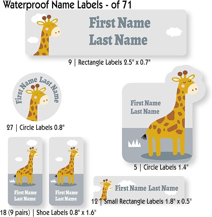 Personalized Kids Name Labels – Waterproof Custom Stickers for Daycare & School, Dishwasher & Laundry Safe (Giraffe - Grey)
