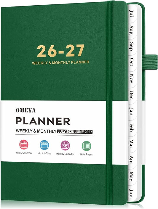 OMEYA Leather Academic Planner 2026-2027: A5 Green Business Weekly & Monthly Planner for Work, July 2026 – June 2027, 100gsm Thick Paper, Durable Stitched Binding, Tabs, Pen Loop, Pocket