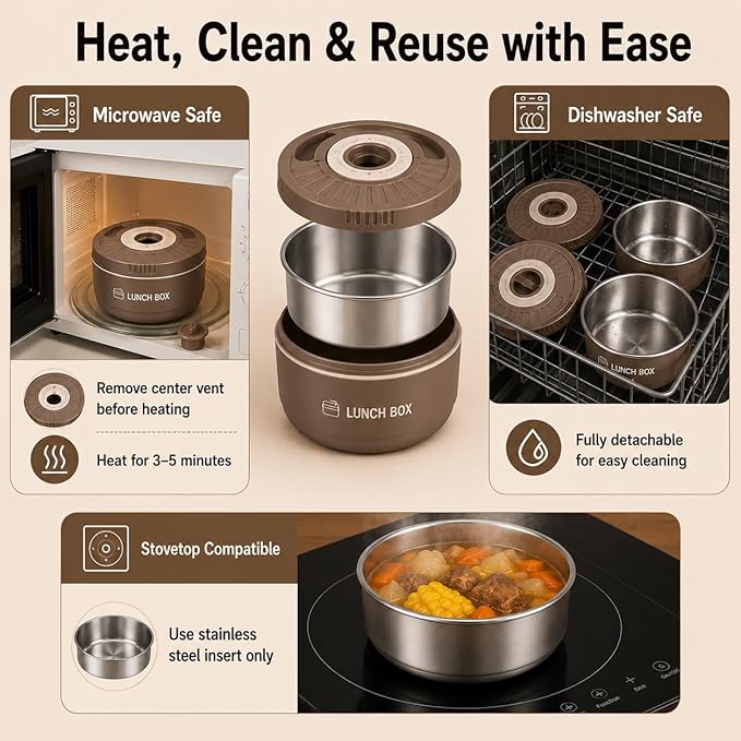 3 Pcs Insulated Lunch Box Set (47oz Total), Stackable Stainless Steel Thermal Food Container with Bag, Portable Bento Box for Hot Food, Leakproof Design with Knife, Fork & Spoon