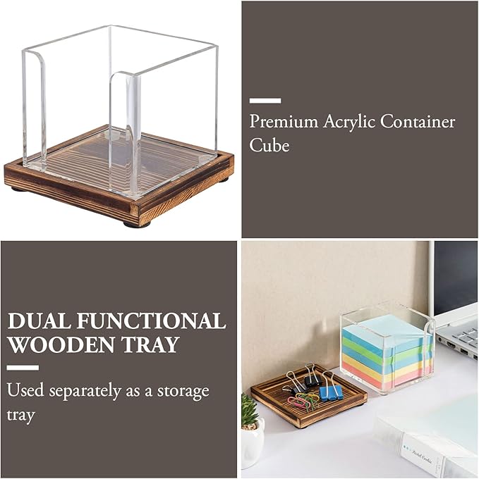 MyGift Acrylic Sticky Note Holder Dispenser with Removable Rustic Burnt Solid Wood Tray, 3-Inch Square Office Desktop Self-Stick Memo Pad Storage Cube