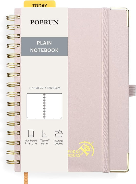 POPRUN Blank Spiral Journal Notebook, A5 Hardcover Sketch Books, 141 Pages Unlined Journals for Women Men, 120 GSM Plain Notebooks for Sketching, Drawing, Painting, 5.75'' x 8.25'', Light Pink
