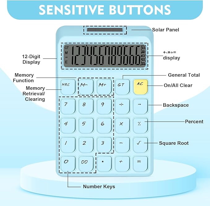 Cute Calculator, Calculators Desktop, Blue Calculator Big Buttons, Solar and Battery Dual Power, 12-Digits Large LCD Display, Desk Calculators for Office Home School Basic Business (Blue)
