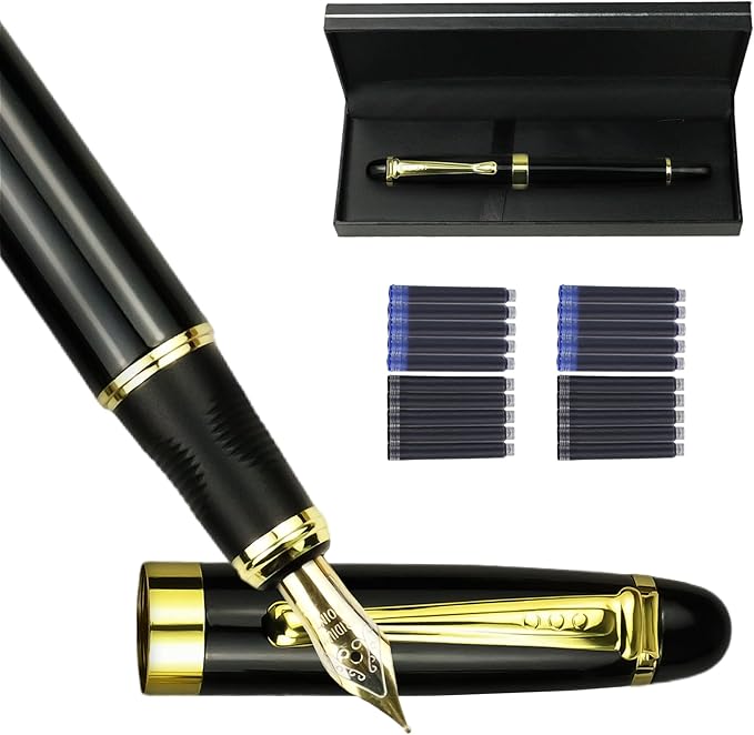 YUNCHUN Marble Fountain Pen for Writing, Refillable Luxury Metal Pens with Ink Pen with 10 Black and 10 Blue Ink Refills, Business Writing Fountain Pen for Men and Women, Marble Black