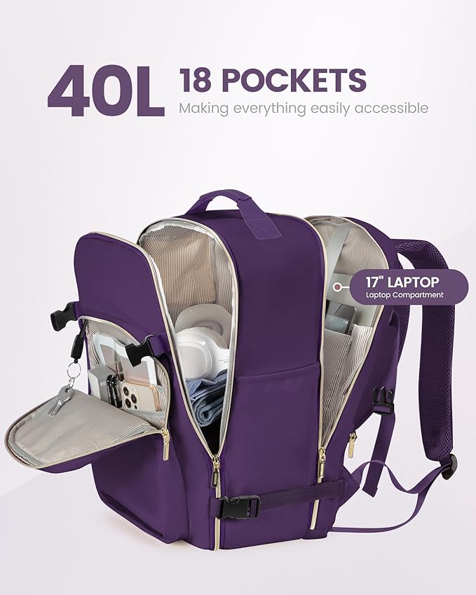LOVEVOOK Travel Backpack for Women & Men 40L,Airline Approved Carry On Backpack Travel Essentials,TSA Carry on Luggage,Waterproof Personal Item Travel Bag,Suitcase with 3 Packing Cubes,Dark purple