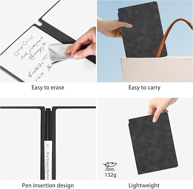 Marte Vanci Whiteboard Notebook Reusable Dry Erase Whiteboard with Pen and Wiping Cloth A5 Portable Dry Erase Pad with PU Cover White Board for Notes Lists Memo Message Presentation (Black)