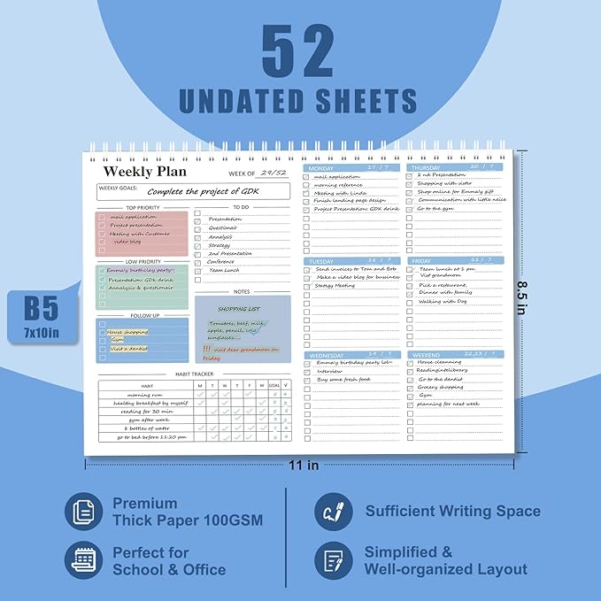 Ymumuda Weekly To Do List Notepad - Daily To Do List Undated 52 - Week Sheets, 8.5x11" Weekly Goal Notebook, Habit Tracker Journal, Excellent for Student School Work Personal Productivity Organizer