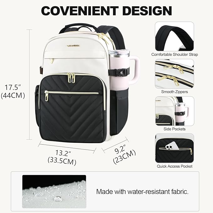 VANKEAN Laptop Backpack for Women with Giant Tumbler Holder Pocket,17.3 inch School College Book Bag Nurse Teacher Backpack,Waterproof Work Travel Backpack Purse Laptop Computer Bag, Bags Beige-Black