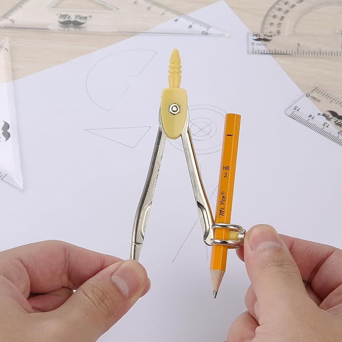 Mr. Pen- Geometry Set, 13 pcs, 3 Metal Compasses, Protractor, 6" Ruler, 45° & 30°/60° Set Squares, Pencils, Lead Refills, Sharpener & Eraser for Math, Drafting & Classroom Use