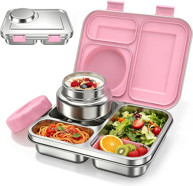 Stainless Steel Bento Box Kids Adult with 8oz Soup Thermo, 3 Compartments Metal Bento Lunch Box with Insulated Food Jar,Lunch Box Container Sauce Cup for School,BPA-Free(Pink)