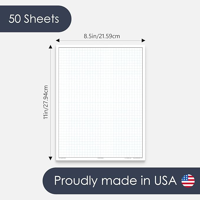 GeekNavy 8.5" x 11" Quadrille Graph Paper 50 Sheets Portrait - 0.25" 4x4 Square Grid, Blueprint, High Brightness, Border-Outlined, Drafting (1-Pack)