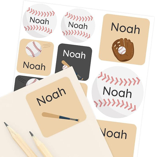Camp Name Labels for Kids (33) – Personalized Stickers & Daycare Labels – Waterproof for Water Bottles, Lunch Boxes & School - Baseball