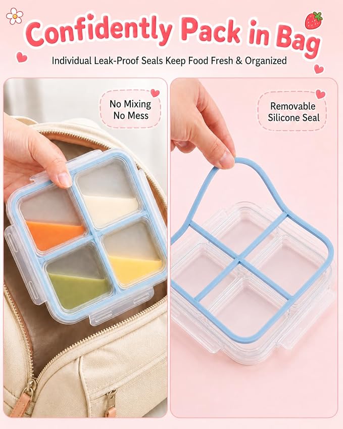 4 Pack Stainless Steel Snack Boxes, Leak-Proof, 4 Compartments, 24 Oz | Reusable, Easy Open, Food Storage & Meal Prep Containers, Dishwasher Safe, for Office, Travel, On-the-Go Snacking