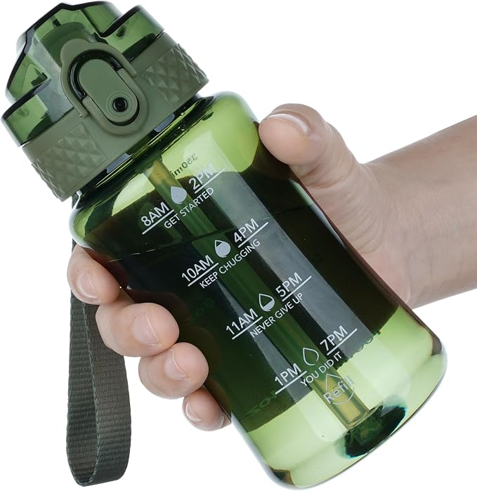 OLDLEY 12oz Kids Water Bottle, Tritan BPA-Free, Leakproof Flip Straw Lid, Motivational Time Marker, Carry Strap, Reusable Clear Water Bottle for Boys & Girls,Jade