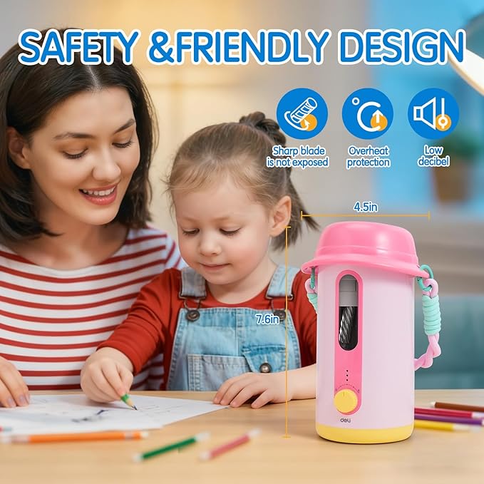 Electric Pencil Sharpener, Low Noise Fully Automatic Pencil Sharpener for Classroom,6.9-10.8mm Colored/Jumbo Pencils, Auto in & Out,Rechargeable Hands-Free Sharpener for Home/Office, Pink