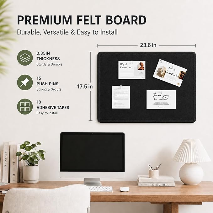 Felt Bulletin Board for Wall 24" x 18" Unfolded Size, Small Frameless Felt Pin Board, Soft Cork Board Alternative for Office, Home Planning, Notes, Photos & Wall Decor, Foldable Shipping, Easy Install