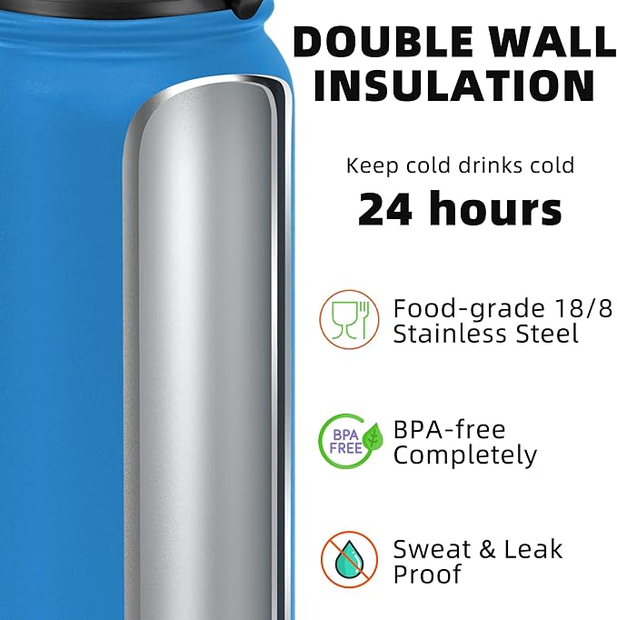 Fanhaw 24 oz Insulated Stainless Steel Water Bottle with Anti-Dust Chug Lid, Leakproof Vacuum Metal Everyday Use Bottle for Kids, Teens & Adults, Back to School Essentials (Sky Blue)