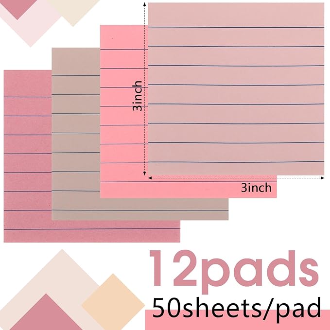AmazingSpark 12 Pack Lined Sticky Notes 3x3 inch Post Ruled Stickies Super Self Stick Power Memo Pads Multi Colors Notes Pads Vintage Aesthetic School Office Supplies Accessories(Pink)