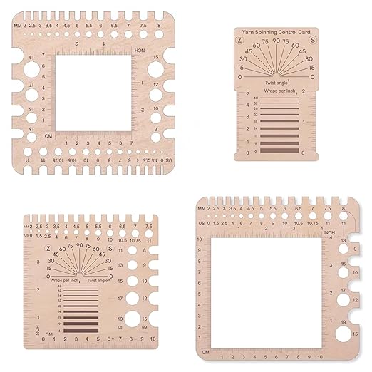 4PCS Wooden Knitting Gauge Tools, Stitch Counter Spinner Yarn Measure Tool, 4 Styles Yarn Winding & Needle Size Measure Rulers, Measuring Tool for Crochet & Weaving, Multi-Size Holes for Needles