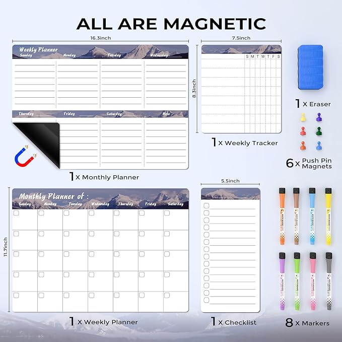 MARSROCK Refrigerator Calendar Magnetic, 16.3x11.7” (4-Pack) – Weekly & Monthly Planner, Chore Chart, Grocery/to-Do List for Fridge, Includes 8 Markers, 6 Magnets & 1 Eraser for Kitchen, Gray