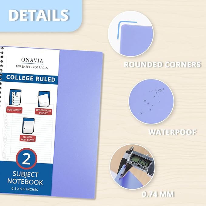 ONAVIA 2 Subject Spiral Notebook, 12 Pack, College Ruled, 6 x 9.5 in, 100 Sheets Each, Poly Cover Bulk School Notebooks for Teachers, Study, Homework and Tests, Assorted Colors