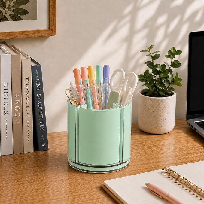 360° Rotating Pen Holder for Desk Adjustable Pencil Organizer, Green | Plastic Pen Cup for Women Cute Office Supplies and Accessories Desktop Storage Box Art Caddy for School, Work, Home