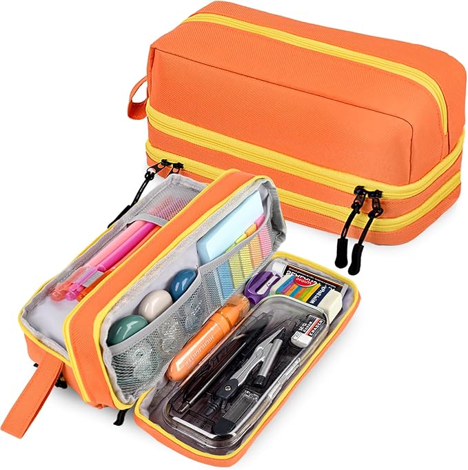 Genteen Large Capacity Pencil Case,Multifunction Pencil Pouch,Pencil Bags with Zipper 3 Compartments Pencil case organizer for or School Teen Girl Boy Men Women（Orange）