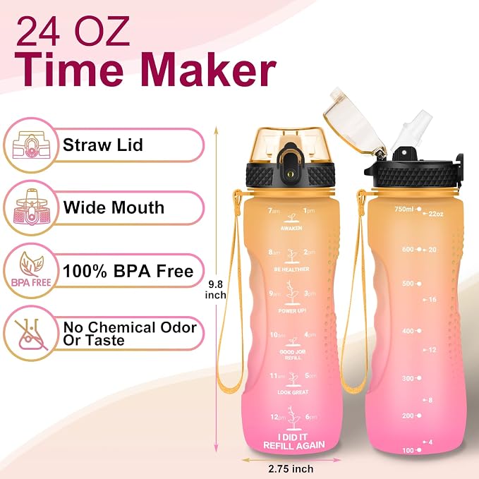 24 OZ Motivational Kids Water Bottle With Time Marker,Straw Lid,Leak Proof, Tritan BPA Free Sports Water Bottle Yellow Pink(1 Lid)