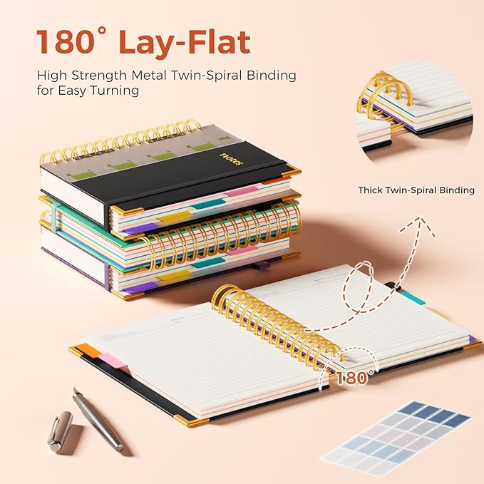 XYark A5 Hardcover Spiral Notebook, 6.3"x8.5" College Ruled Notebooks with Removable Dividers Tabs & Ruler, 5 Subject Notebook 300 Pages, Small Lined Journal for Women Men School Work Office, Black